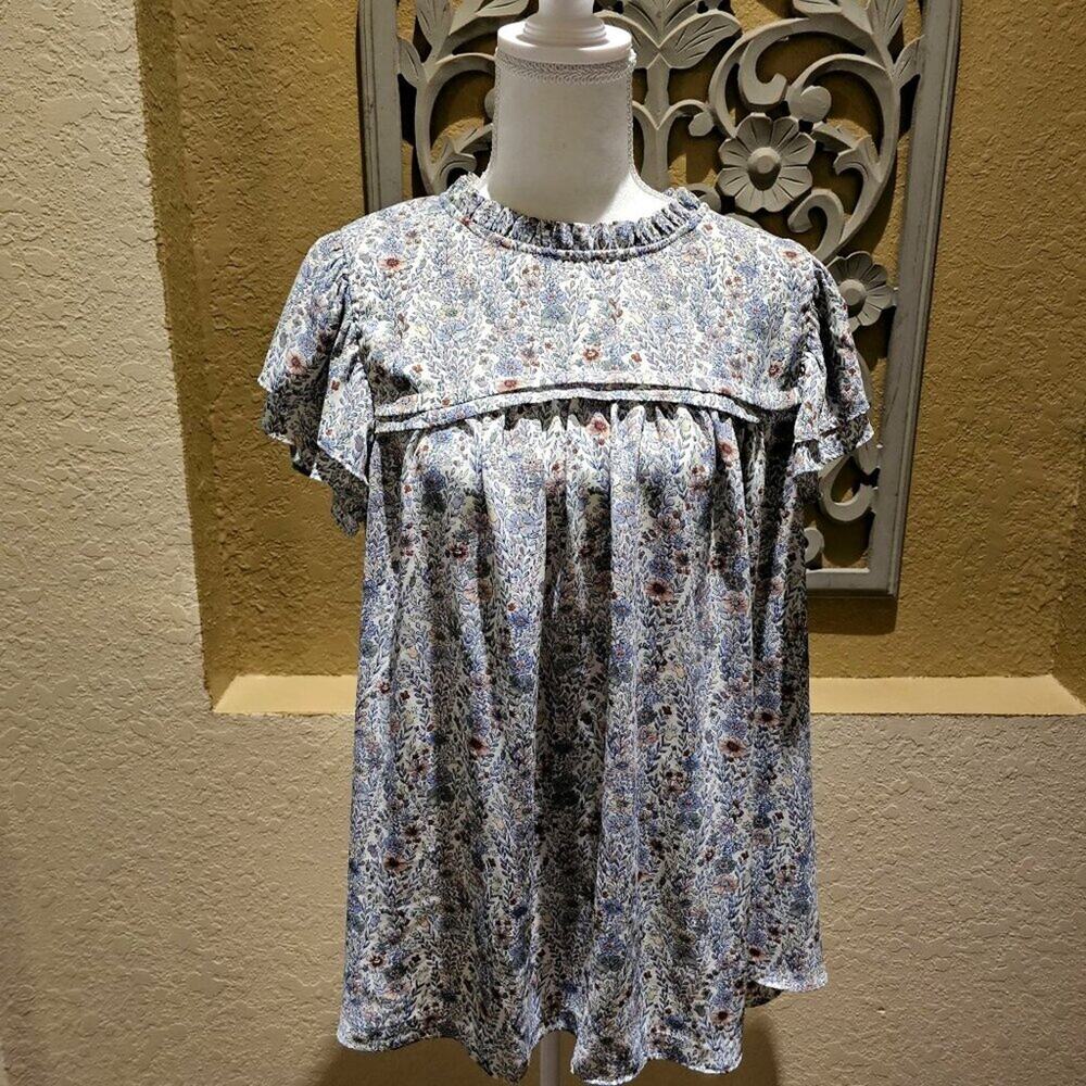 Babydoll Floral Top L Cottagecore Smocked Yoked Fluttered Sleeved Gardencore